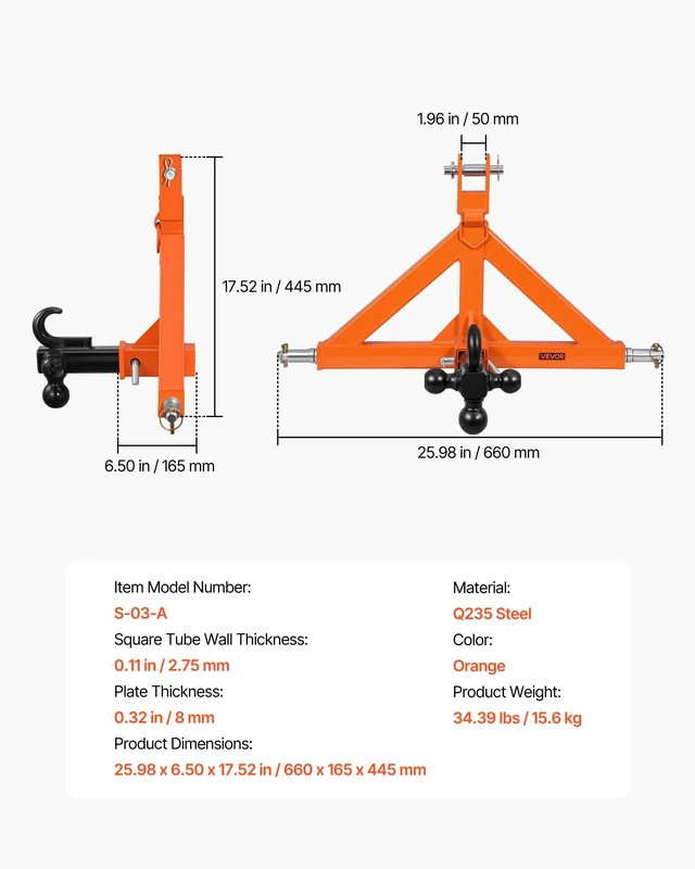 Alt view image 7 of 8 - VEVOR 3 Point Trailer Hitch with 2" Receiver, 3 Pt Quick Hitch Attachment with 3 Trailer Balls, Tractor Tow Drawbar Adapter for Category 1, Kubota, Mahindra, Ford, Yanmar, John Deere, Massey Ferguson