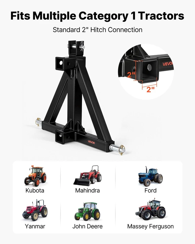 Alt view image 2 of 8 - VEVOR 3 Point Trailer Hitch with 2" Receiver, 3 Pt Quick Hitch Attachment, Tractor Tow Drawbar Adapter, Compatible with Category 1, Kubota, Mahindra, Ford, Yanmar, John Deere, Massey Ferguson, Tractor