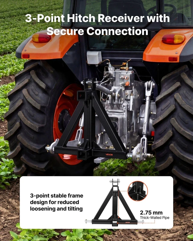Alt view image 3 of 8 - VEVOR 3 Point Trailer Hitch with 2" Receiver, 3 Pt Quick Hitch Attachment, Tractor Tow Drawbar Adapter, Compatible with Category 1, Kubota, Mahindra, Ford, Yanmar, John Deere, Massey Ferguson, Tractor