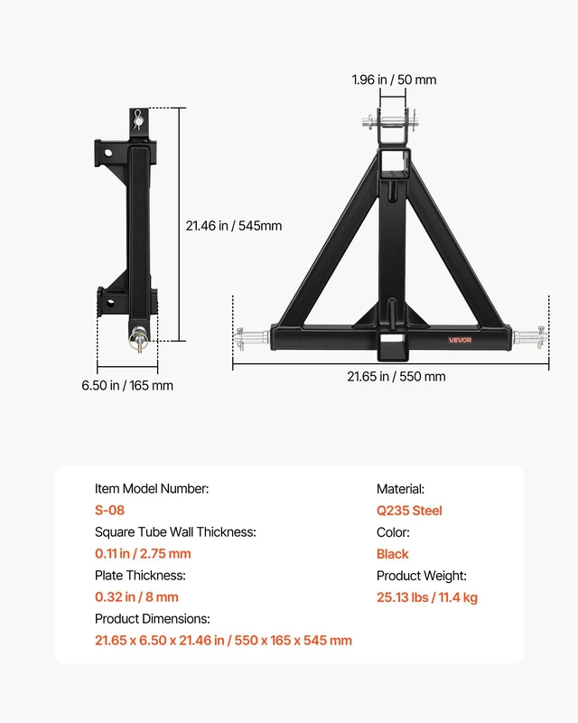 Alt view image 7 of 8 - VEVOR 3 Point Trailer Hitch with 2" Receiver, 3 Pt Quick Hitch Attachment, Tractor Tow Drawbar Adapter, Compatible with Category 1, Kubota, Mahindra, Ford, Yanmar, John Deere, Massey Ferguson, Tractor