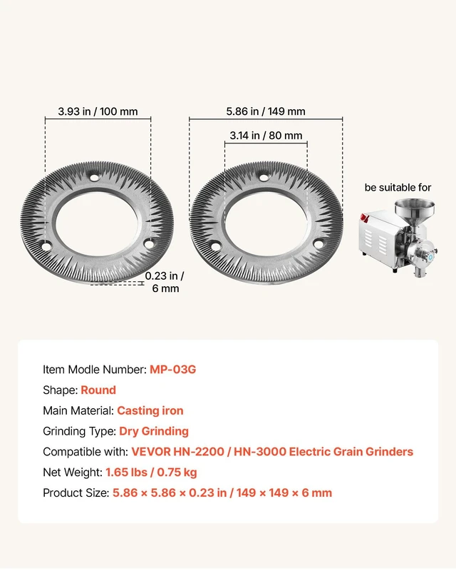 Alt view image 7 of 8 - VEVOR 2PCS Grinding Sheets for Electric Grain Mill Grinder, Cast Iron Dry Grinding Discs, Replacement Grinding Plates Compatible with VEVOR HN-2200, HN-3000 Corn Spice Mill Grinder