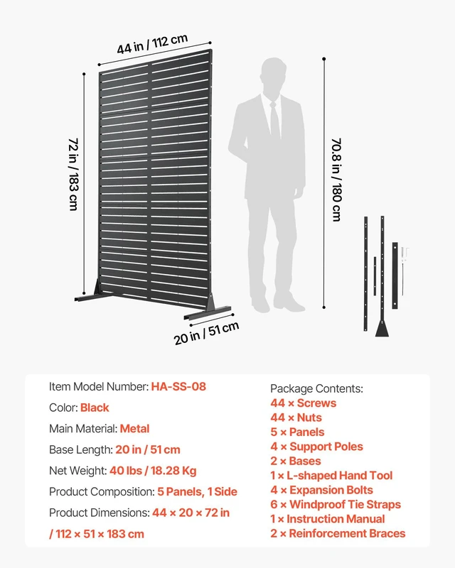 Alt view image 7 of 8 - VEVOR Metal Privacy Screen, 44" W x 72" H Freestanding Modern Privacy Fence, Garden Divider Panel with Extended Base & Reinforcement Fixed, Freestanding Outdoor Divider for Garden, Indoor, Courtyard
