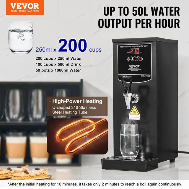 Alt view image 2 of 8 - VEVOR Commercial Water Boiler, Electric Hot Water Dispenser with 316 Stainless Steel Heating Tube, 1500W Step-by-step Fast Heating 50L per Hour Hot Water Boiler, for Coffee Tea Restaurant Office