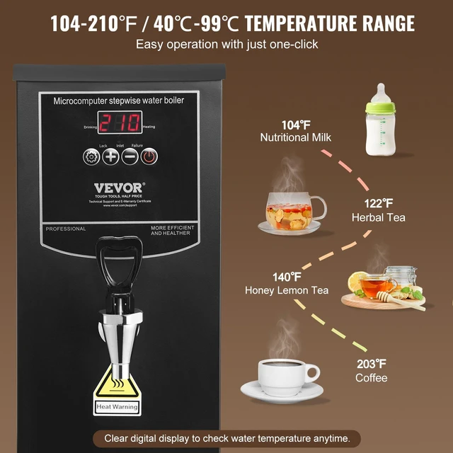Alt view image 3 of 8 - VEVOR Commercial Water Boiler, Electric Hot Water Dispenser with 316 Stainless Steel Heating Tube, 1500W Step-by-step Fast Heating 50L per Hour Hot Water Boiler, for Coffee Tea Restaurant Office