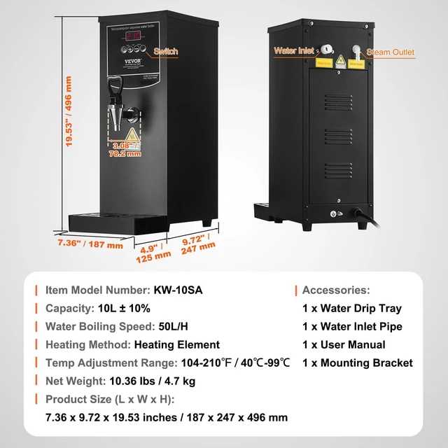 Alt view image 7 of 8 - VEVOR Commercial Water Boiler, Electric Hot Water Dispenser with 316 Stainless Steel Heating Tube, 1500W Step-by-step Fast Heating 50L per Hour Hot Water Boiler, for Coffee Tea Restaurant Office