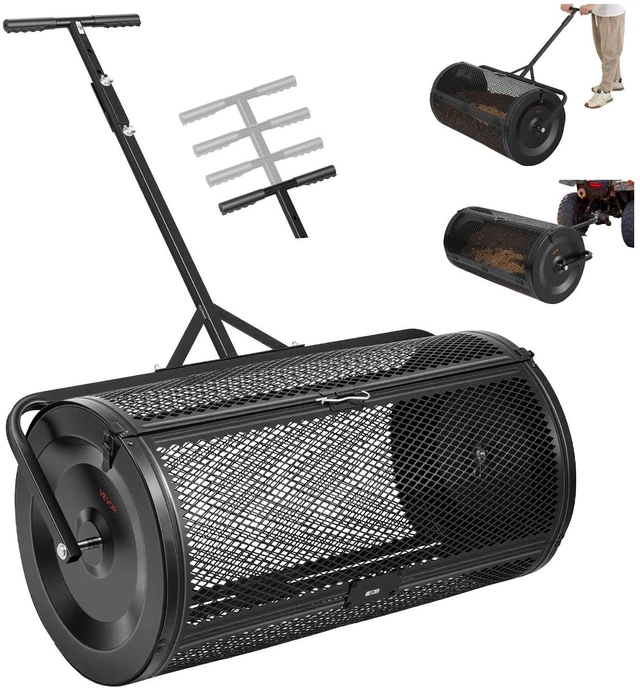 Main image of VEVOR Compost Spreader, 36" Wide Peat Moss Spreader with Push/Tow Handle, 4 Heights Adjustable, Powder-Coated Steel Garden Peat Moss Roller, Heavy Duty Grass Seed Roller for Planting Seeding, Black
