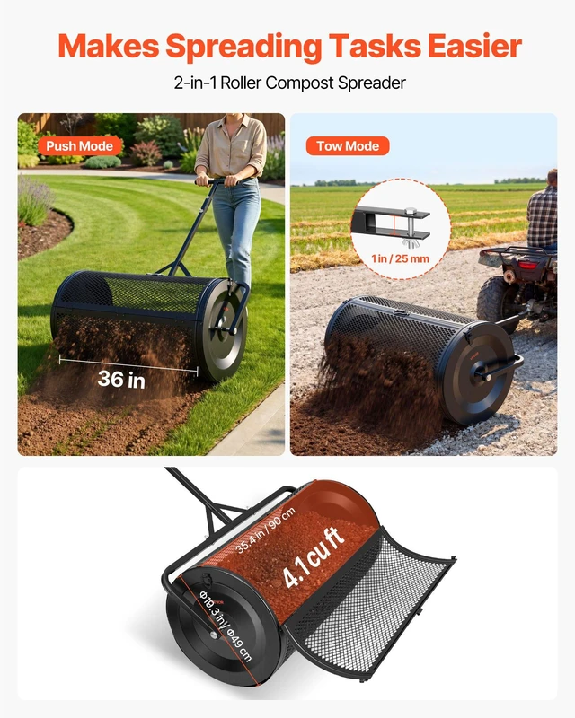 Alt view image 2 of 8 - VEVOR Compost Spreader, 36" Wide Peat Moss Spreader with Push/Tow Handle, 4 Heights Adjustable, Powder-Coated Steel Garden Peat Moss Roller, Heavy Duty Grass Seed Roller for Planting Seeding, Black