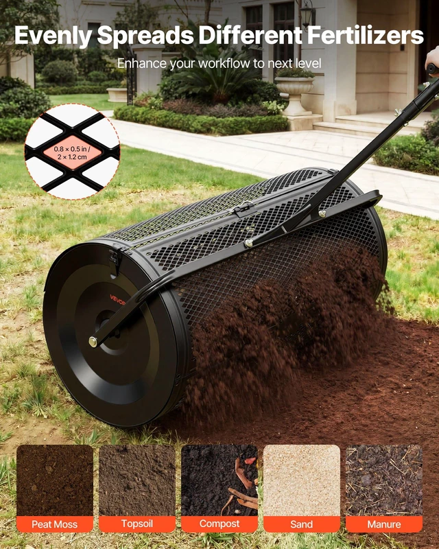 Alt view image 3 of 8 - VEVOR Compost Spreader, 36" Wide Peat Moss Spreader with Push/Tow Handle, 4 Heights Adjustable, Powder-Coated Steel Garden Peat Moss Roller, Heavy Duty Grass Seed Roller for Planting Seeding, Black