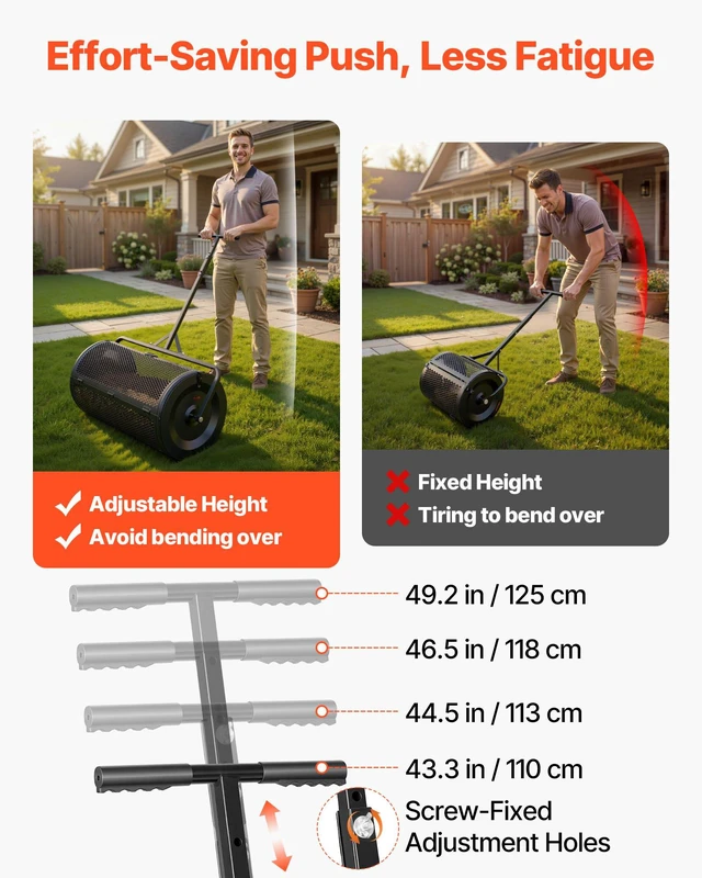 Alt view image 6 of 8 - VEVOR Compost Spreader, 36" Wide Peat Moss Spreader with Push/Tow Handle, 4 Heights Adjustable, Powder-Coated Steel Garden Peat Moss Roller, Heavy Duty Grass Seed Roller for Planting Seeding, Black