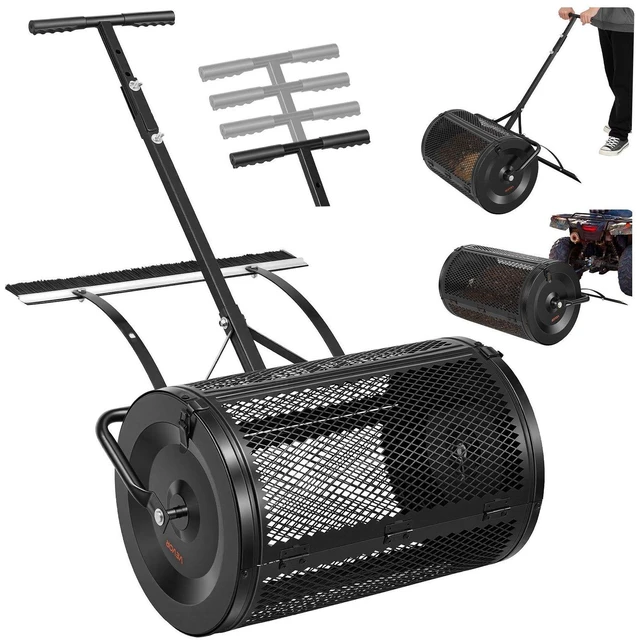 Main image of VEVOR Compost Spreader, 24" Wide Peat Moss Spreader with Push/Tow Handle & Brush, 4 Heights Adjustable, Powder-Coated Steel Garden Peat Moss Roller, Heavy Duty Grass Seed Roller for Planting Seeding
