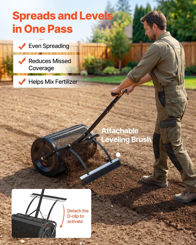 Alt view image 3 of 8 - VEVOR Compost Spreader, 24" Wide Peat Moss Spreader with Push/Tow Handle & Brush, 4 Heights Adjustable, Powder-Coated Steel Garden Peat Moss Roller, Heavy Duty Grass Seed Roller for Planting Seeding
