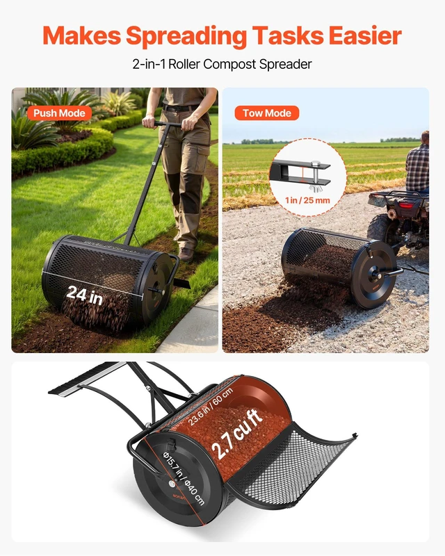 Alt view image 2 of 8 - VEVOR Compost Spreader, 24" Wide Peat Moss Spreader with Push/Tow Handle & Brush, 4 Heights Adjustable, Powder-Coated Steel Garden Peat Moss Roller, Heavy Duty Grass Seed Roller for Planting Seeding