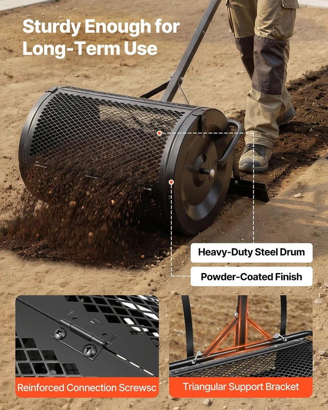Alt view image 5 of 8 - VEVOR Compost Spreader, 24" Wide Peat Moss Spreader with Push/Tow Handle & Brush, 4 Heights Adjustable, Powder-Coated Steel Garden Peat Moss Roller, Heavy Duty Grass Seed Roller for Planting Seeding