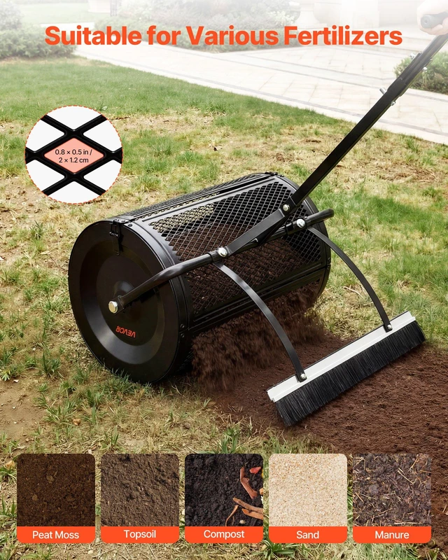 Alt view image 4 of 8 - VEVOR Compost Spreader, 24" Wide Peat Moss Spreader with Push/Tow Handle & Brush, 4 Heights Adjustable, Powder-Coated Steel Garden Peat Moss Roller, Heavy Duty Grass Seed Roller for Planting Seeding