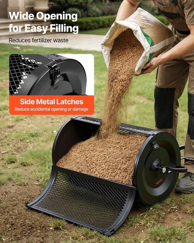 Alt view image 6 of 8 - VEVOR Compost Spreader, 24" Wide Peat Moss Spreader with Push/Tow Handle & Brush, 4 Heights Adjustable, Powder-Coated Steel Garden Peat Moss Roller, Heavy Duty Grass Seed Roller for Planting Seeding