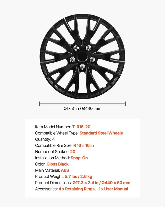 Alt view image 7 of 8 - VEVOR Hubcaps Wheel Covers, 16 Inch Set of 4 Wheel Rim Cover Hubcaps OEM Replacement, R16 Size Snap On Car Hub Caps, Universal 20-Spoke ABS Tire Rim Caps for Hyundai Chevrolet Ford Honda, Gloss Black