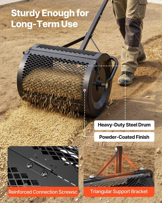 Alt view image 4 of 8 - VEVOR Compost Spreader, 16.5" Wide Peat Moss Spreader with T Shaped Handle, 3 Heights Adjustable, Powder-Coated Steel Garden Peat Moss Roller, Heavy Duty Grass Seed Roller for Planting Seeding, Black