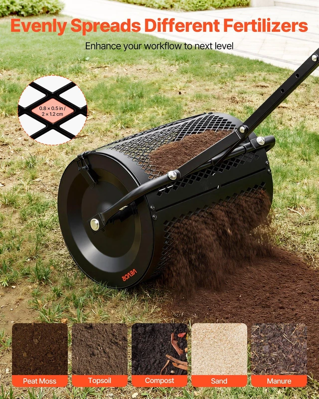 Alt view image 3 of 8 - VEVOR Compost Spreader, 16.5" Wide Peat Moss Spreader with T Shaped Handle, 3 Heights Adjustable, Powder-Coated Steel Garden Peat Moss Roller, Heavy Duty Grass Seed Roller for Planting Seeding, Black