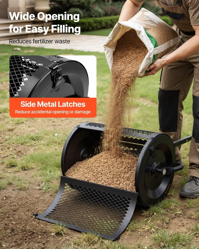 Alt view image 5 of 8 - VEVOR Compost Spreader, 16.5" Wide Peat Moss Spreader with T Shaped Handle, 3 Heights Adjustable, Powder-Coated Steel Garden Peat Moss Roller, Heavy Duty Grass Seed Roller for Planting Seeding, Black