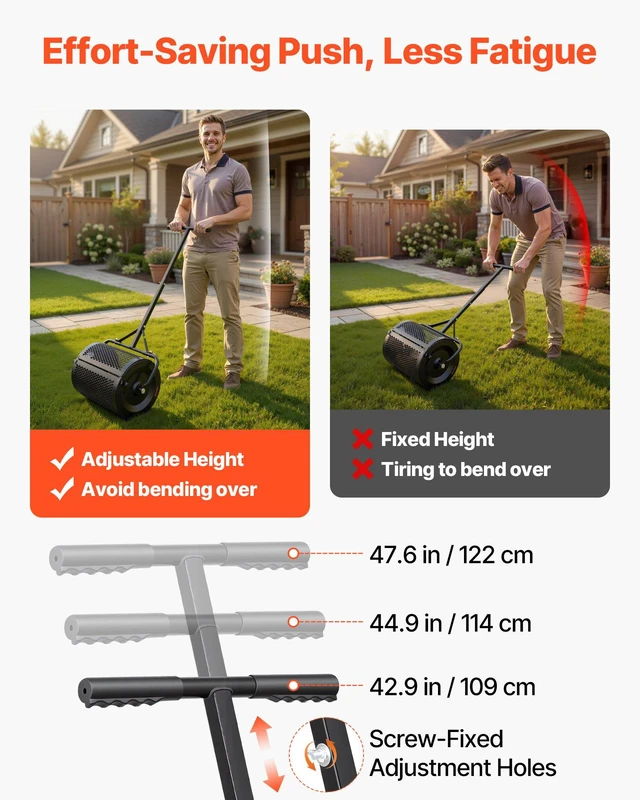 Alt view image 6 of 8 - VEVOR Compost Spreader, 16.5" Wide Peat Moss Spreader with T Shaped Handle, 3 Heights Adjustable, Powder-Coated Steel Garden Peat Moss Roller, Heavy Duty Grass Seed Roller for Planting Seeding, Black