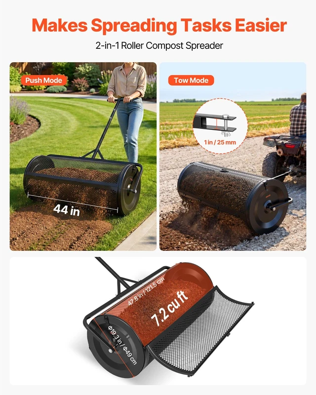 Alt view image 2 of 8 - VEVOR Compost Spreader, 44" Wide Peat Moss Spreader with Push/Tow Handle, 4 Heights Adjustable, Powder-Coated Steel Garden Peat Moss Roller, Heavy Duty Grass Seed Roller for Planting Seeding, Black