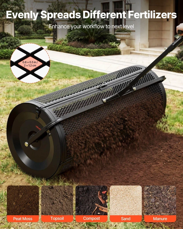 Alt view image 3 of 8 - VEVOR Compost Spreader, 44" Wide Peat Moss Spreader with Push/Tow Handle, 4 Heights Adjustable, Powder-Coated Steel Garden Peat Moss Roller, Heavy Duty Grass Seed Roller for Planting Seeding, Black