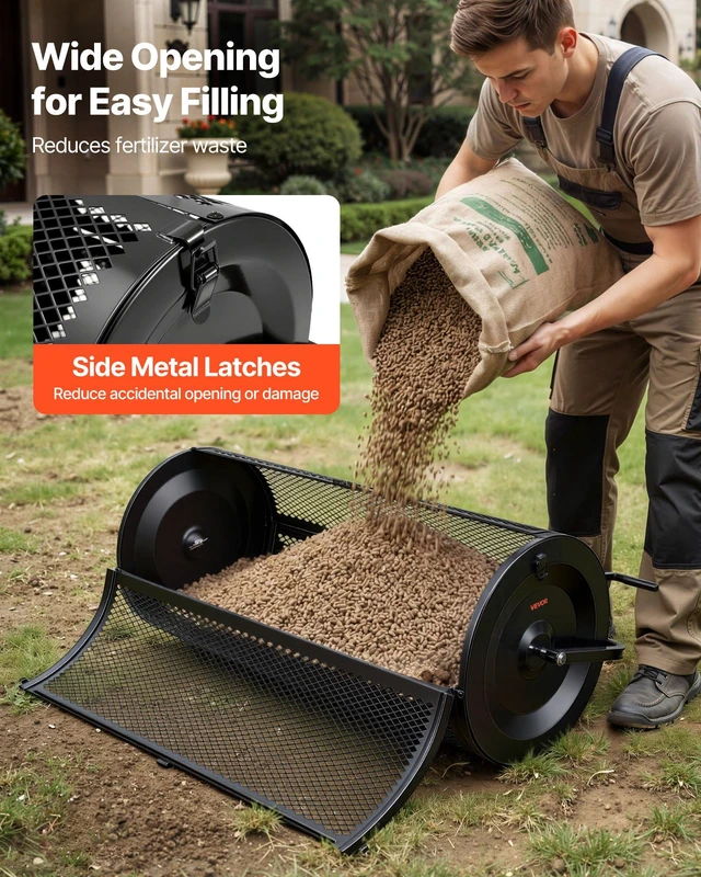 Alt view image 5 of 8 - VEVOR Compost Spreader, 44" Wide Peat Moss Spreader with Push/Tow Handle, 4 Heights Adjustable, Powder-Coated Steel Garden Peat Moss Roller, Heavy Duty Grass Seed Roller for Planting Seeding, Black