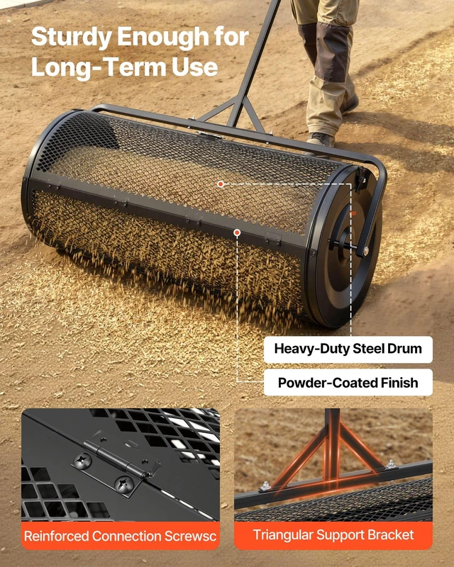 Alt view image 4 of 8 - VEVOR Compost Spreader, 44" Wide Peat Moss Spreader with Push/Tow Handle, 4 Heights Adjustable, Powder-Coated Steel Garden Peat Moss Roller, Heavy Duty Grass Seed Roller for Planting Seeding, Black