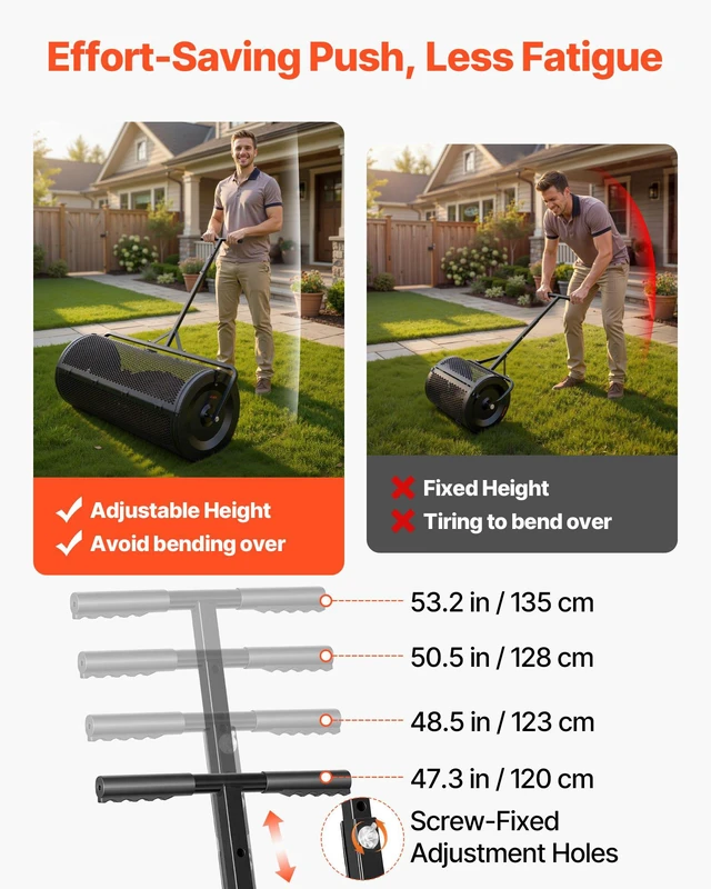 Alt view image 6 of 8 - VEVOR Compost Spreader, 44" Wide Peat Moss Spreader with Push/Tow Handle, 4 Heights Adjustable, Powder-Coated Steel Garden Peat Moss Roller, Heavy Duty Grass Seed Roller for Planting Seeding, Black