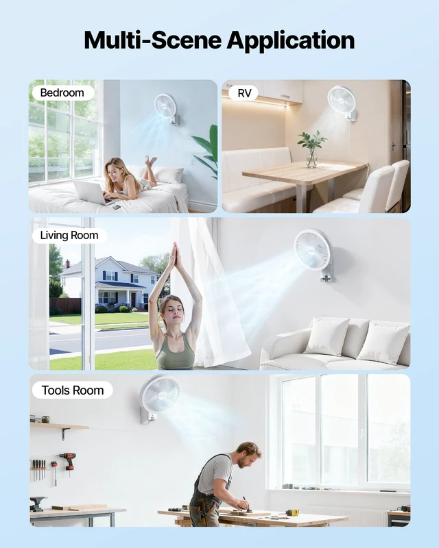 Alt view image 6 of 8 - VEVOR 8.5 in Wall Mount Fan, Oscillating Hanging Fan with Remote Control, 10 ft Powerful Airflow, DC Motor, 4 Speeds & Timer, Auto 90° Horizontal & Manual Vertical Tilt, Ideal for Home, Office, RV