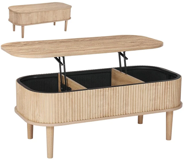 Main image of VEVOR 39.4 in Lift Top Coffee Table, Fluted Oval Coffee Table with 3 Hidden Compartment, Mid Century Wooden Oval Center Desk with Storage, Lift Up Tabletop for Home & Office, Easy Assembly, Burlywood