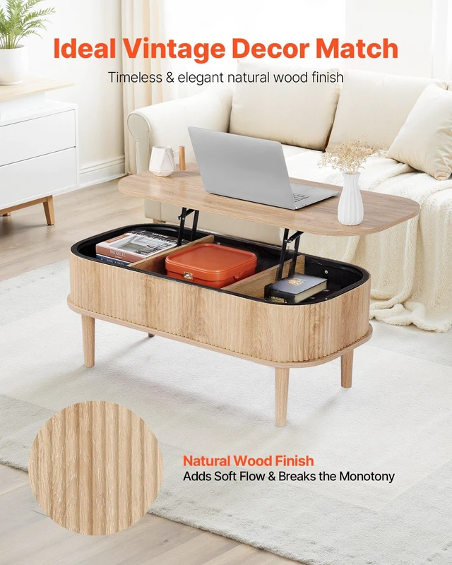 Alt view image 2 of 8 - VEVOR 39.4 in Lift Top Coffee Table, Fluted Oval Coffee Table with 3 Hidden Compartment, Mid Century Wooden Oval Center Desk with Storage, Lift Up Tabletop for Home & Office, Easy Assembly, Burlywood