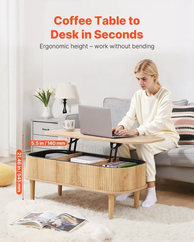 Alt view image 3 of 8 - VEVOR 39.4 in Lift Top Coffee Table, Fluted Oval Coffee Table with 3 Hidden Compartment, Mid Century Wooden Oval Center Desk with Storage, Lift Up Tabletop for Home & Office, Easy Assembly, Burlywood