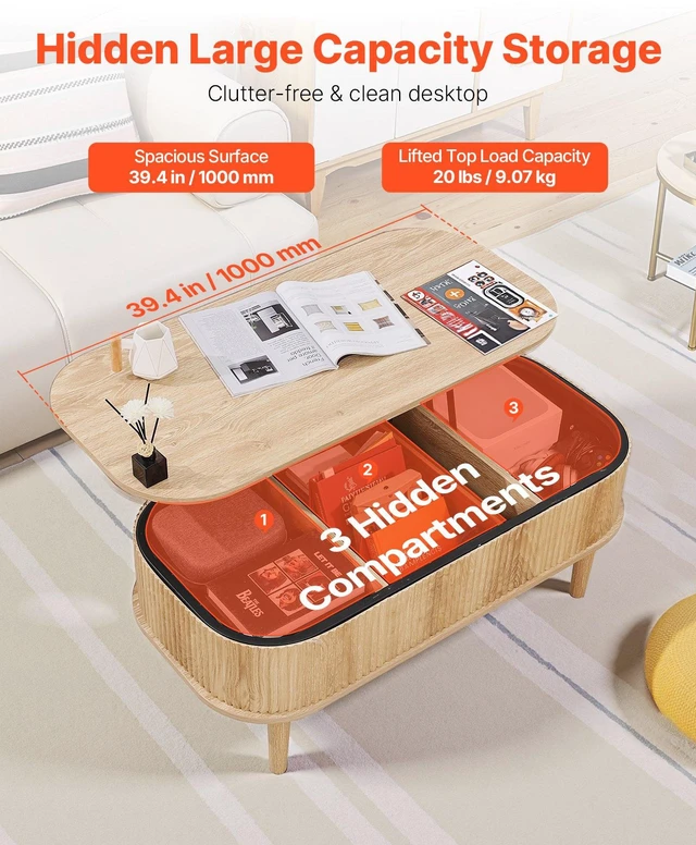 Alt view image 5 of 8 - VEVOR 39.4 in Lift Top Coffee Table, Fluted Oval Coffee Table with 3 Hidden Compartment, Mid Century Wooden Oval Center Desk with Storage, Lift Up Tabletop for Home & Office, Easy Assembly, Burlywood