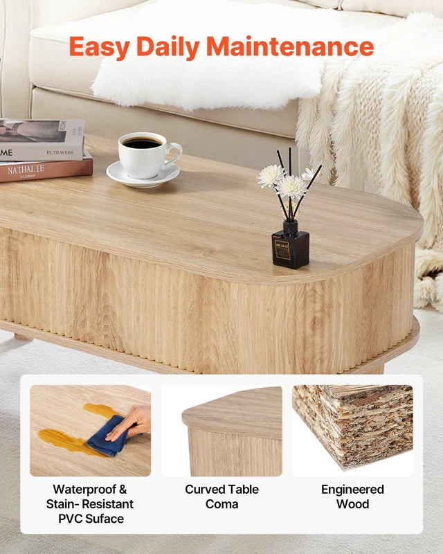 Alt view image 6 of 8 - VEVOR 39.4 in Lift Top Coffee Table, Fluted Oval Coffee Table with 3 Hidden Compartment, Mid Century Wooden Oval Center Desk with Storage, Lift Up Tabletop for Home & Office, Easy Assembly, Burlywood