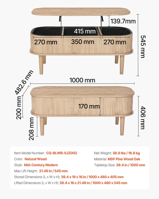 Alt view image 7 of 8 - VEVOR 39.4 in Lift Top Coffee Table, Fluted Oval Coffee Table with 3 Hidden Compartment, Mid Century Wooden Oval Center Desk with Storage, Lift Up Tabletop for Home & Office, Easy Assembly, Burlywood