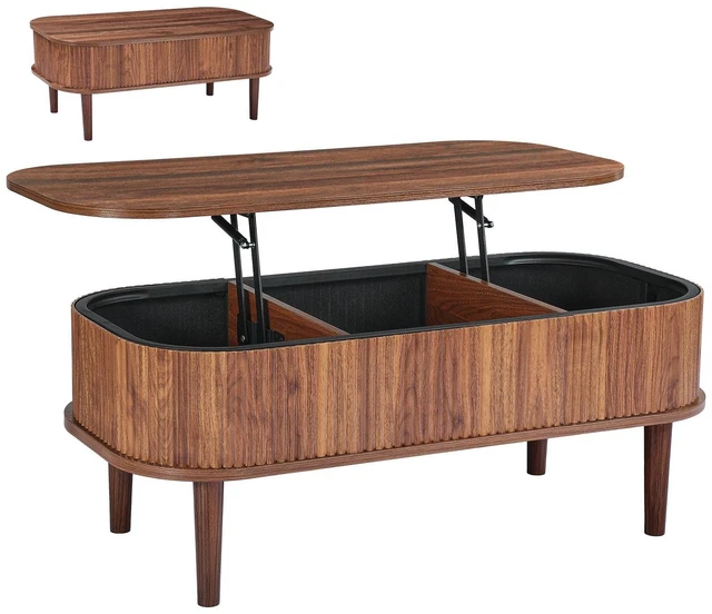 Main image of VEVOR 39.4 in Lift Top Coffee Table, Fluted Oval Coffee Table with 3 Hidden Compartment, Mid Century Wooden Oval Center Desk with Storage, Lift Up Tabletop for Home & Office, Easy Assembly, Walnut