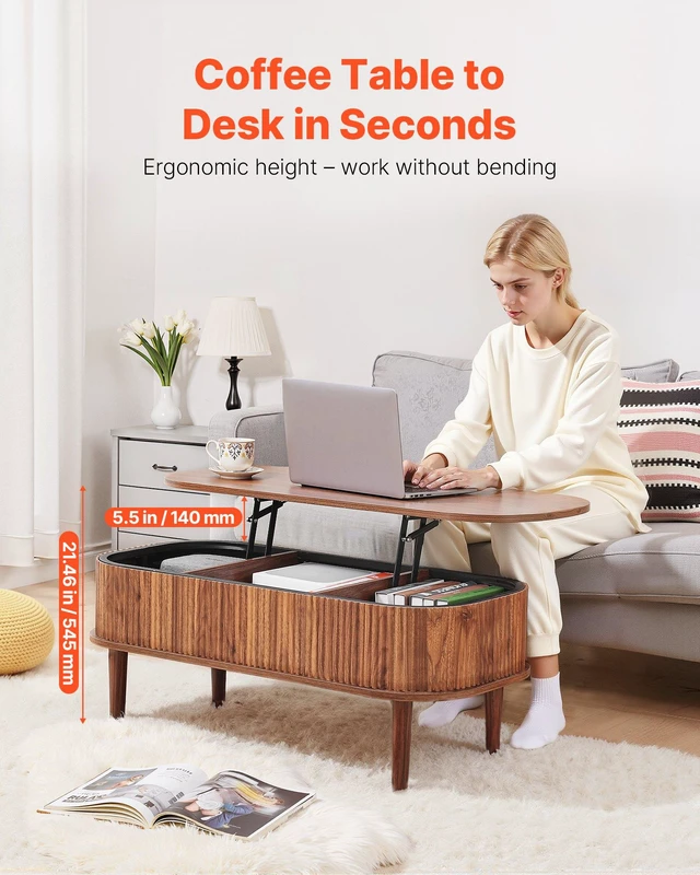 Alt view image 3 of 8 - VEVOR 39.4 in Lift Top Coffee Table, Fluted Oval Coffee Table with 3 Hidden Compartment, Mid Century Wooden Oval Center Desk with Storage, Lift Up Tabletop for Home & Office, Easy Assembly, Walnut
