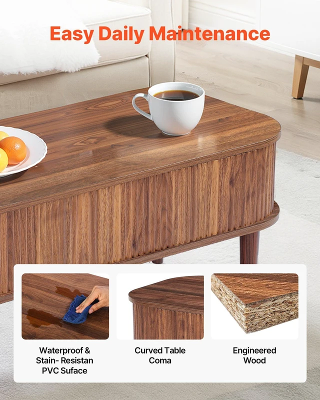 Alt view image 6 of 8 - VEVOR 39.4 in Lift Top Coffee Table, Fluted Oval Coffee Table with 3 Hidden Compartment, Mid Century Wooden Oval Center Desk with Storage, Lift Up Tabletop for Home & Office, Easy Assembly, Walnut
