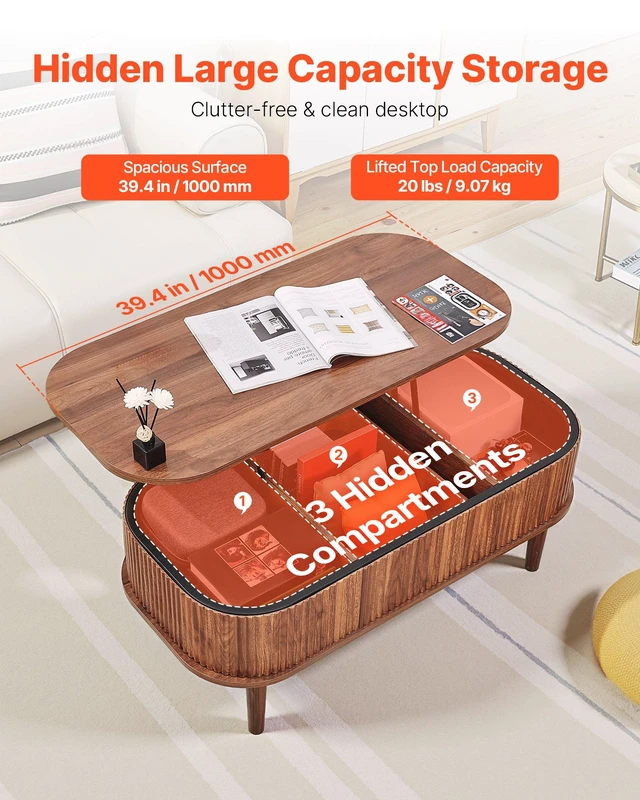 Alt view image 5 of 8 - VEVOR 39.4 in Lift Top Coffee Table, Fluted Oval Coffee Table with 3 Hidden Compartment, Mid Century Wooden Oval Center Desk with Storage, Lift Up Tabletop for Home & Office, Easy Assembly, Walnut
