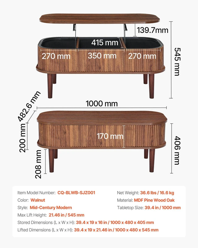 Alt view image 7 of 8 - VEVOR 39.4 in Lift Top Coffee Table, Fluted Oval Coffee Table with 3 Hidden Compartment, Mid Century Wooden Oval Center Desk with Storage, Lift Up Tabletop for Home & Office, Easy Assembly, Walnut