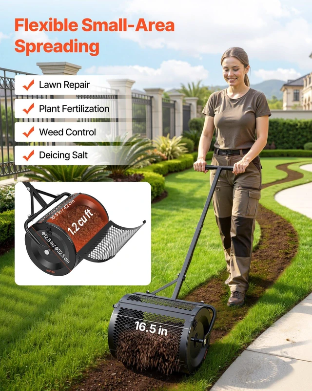 Alt view image 2 of 8 - VEVOR Compost Spreader, 16.5" Wide Peat Moss Spreader with T Shaped Handle, 3 Heights Adjustable, Powder-Coated Steel Garden Peat Moss Roller, Heavy Duty Grass Seed Roller for Planting Seeding, Black