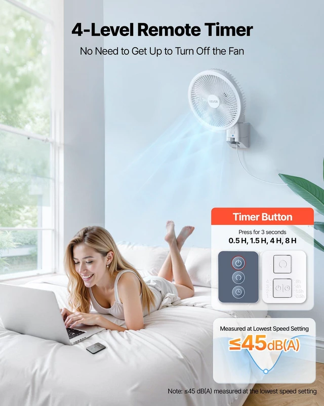Alt view image 5 of 8 - VEVOR 8.5 in Wall Mount Fan, Oscillating Hanging Fan with Remote Control, 10 ft Powerful Airflow, DC Motor, 4 Speeds & Timer, Auto 90° Horizontal & Manual Vertical Tilt, Ideal for Home, Office, RV