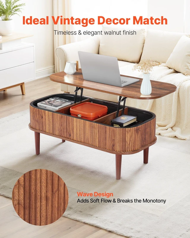 Alt view image 2 of 8 - VEVOR 39.4 in Lift Top Coffee Table, Fluted Oval Coffee Table with 3 Hidden Compartment, Mid Century Wooden Oval Center Desk with Storage, Lift Up Tabletop for Home & Office, Easy Assembly, Walnut