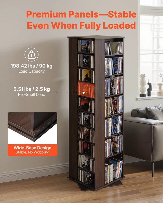 Alt view image 3 of 8 - VEVOR Media Storage Cabinet, CD Rack Tower, 34 Compartments Rotating Media Tower Rack for CDs, DVDs, Books and Game Discs, DVD Stand for Living Room, Home Office and Recording Room, Brown