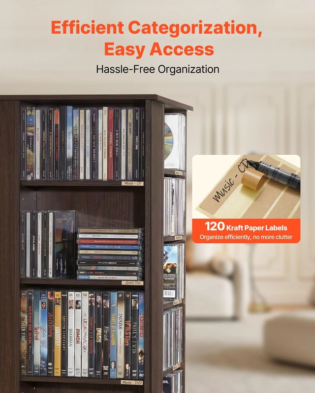 Alt view image 5 of 8 - VEVOR Media Storage Cabinet, CD Rack Tower, 34 Compartments Rotating Media Tower Rack for CDs, DVDs, Books and Game Discs, DVD Stand for Living Room, Home Office and Recording Room, Brown