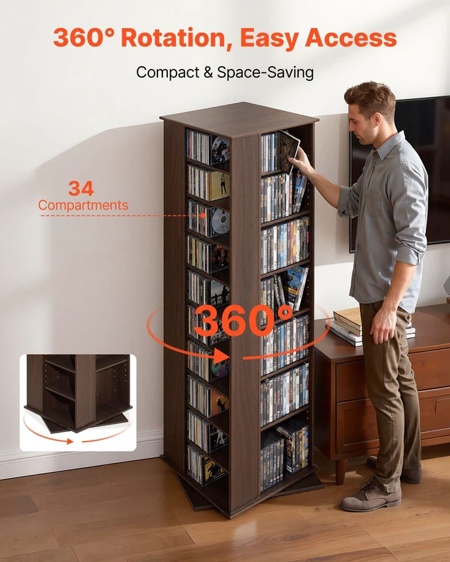Alt view image 2 of 8 - VEVOR Media Storage Cabinet, CD Rack Tower, 34 Compartments Rotating Media Tower Rack for CDs, DVDs, Books and Game Discs, DVD Stand for Living Room, Home Office and Recording Room, Brown