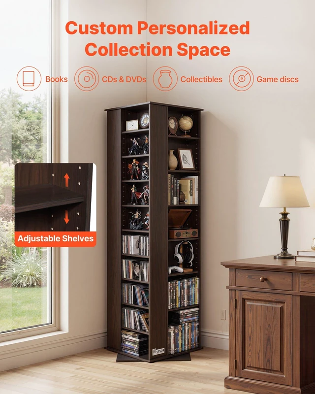 Alt view image 4 of 8 - VEVOR Media Storage Cabinet, CD Rack Tower, 34 Compartments Rotating Media Tower Rack for CDs, DVDs, Books and Game Discs, DVD Stand for Living Room, Home Office and Recording Room, Brown