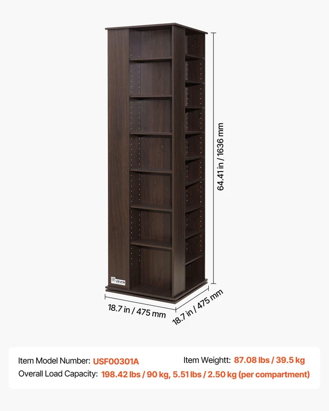 Alt view image 7 of 8 - VEVOR Media Storage Cabinet, CD Rack Tower, 34 Compartments Rotating Media Tower Rack for CDs, DVDs, Books and Game Discs, DVD Stand for Living Room, Home Office and Recording Room, Brown