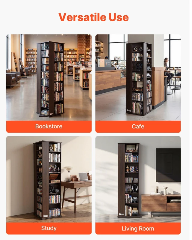 Alt view image 6 of 8 - VEVOR Media Storage Cabinet, CD Rack Tower, 34 Compartments Rotating Media Tower Rack for CDs, DVDs, Books and Game Discs, DVD Stand for Living Room, Home Office and Recording Room, Brown